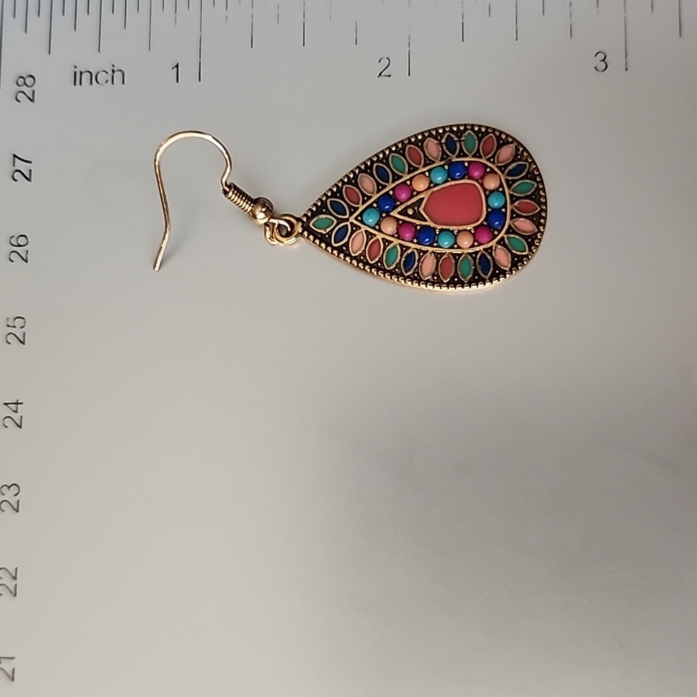 Boho Beaded Teardrop Colorful Beads And Enamel Antique GOLD - Picture 3 of 3